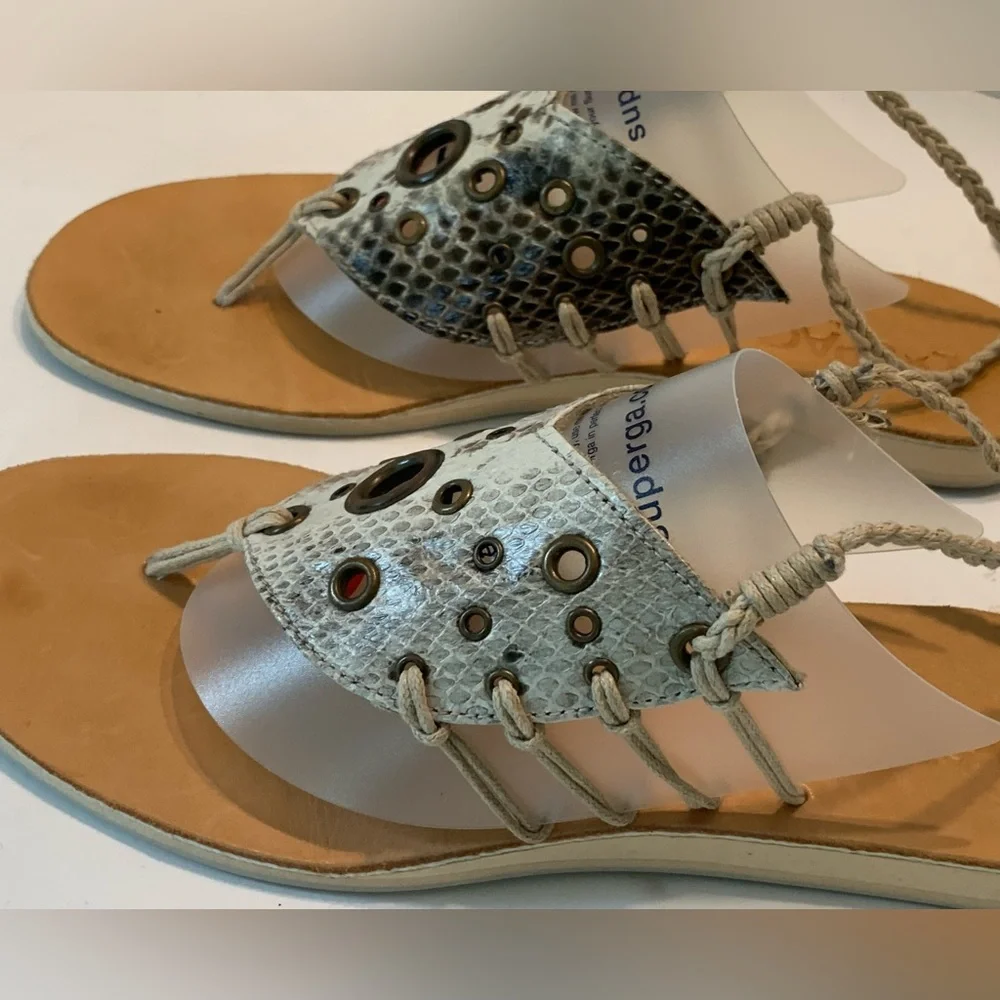 L*Space Silver Faux Snakeskin Tie-Up Braided Ankle Sandals Size 37 / 6.5